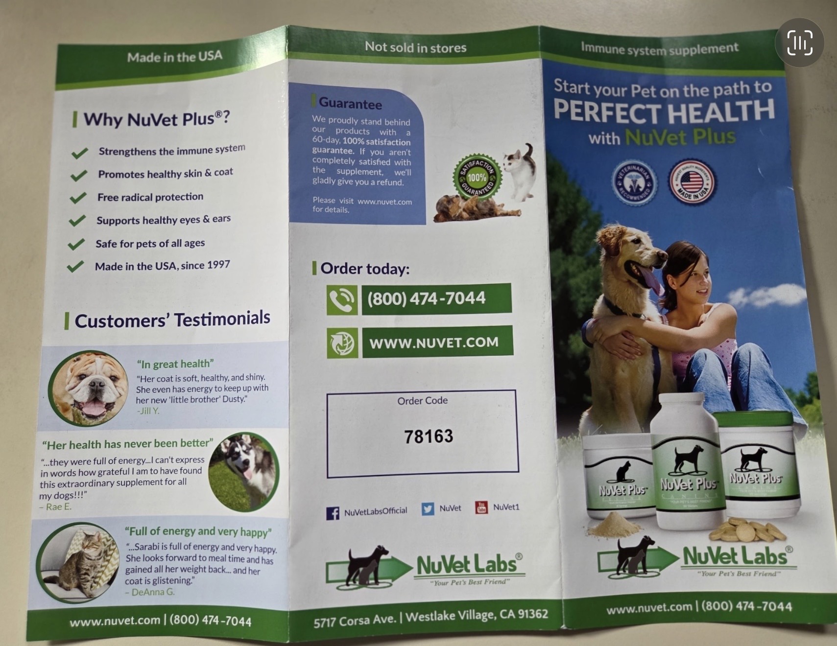 NuVet Plus brochure showing the immune system supplement, order code and phone number