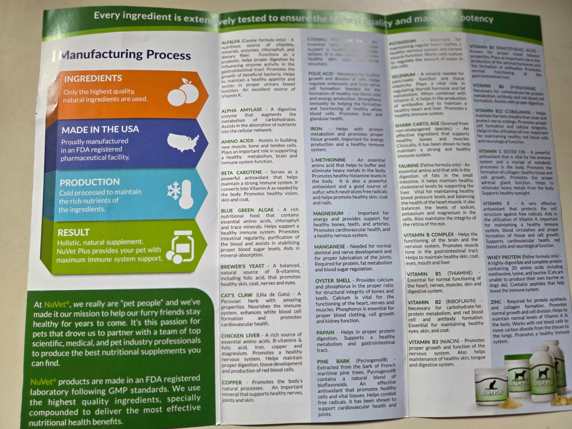 Inside of the NuVet Plus brochure listing ingredients and the manufacturing process